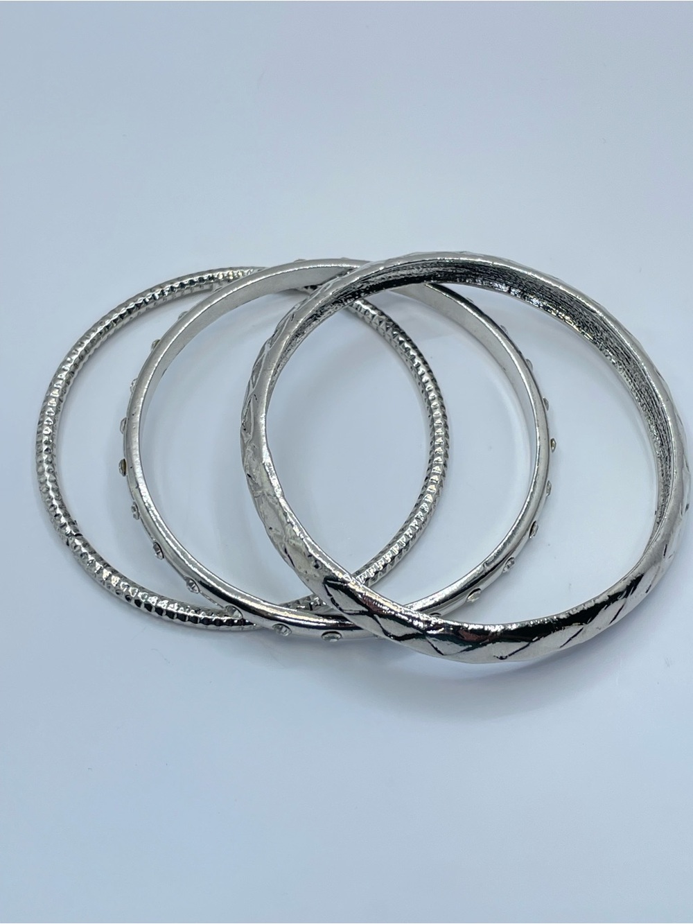 Silver Tone Stackable Bangle Set Rhinestone Textured Bracelets - Picture 6 of 6